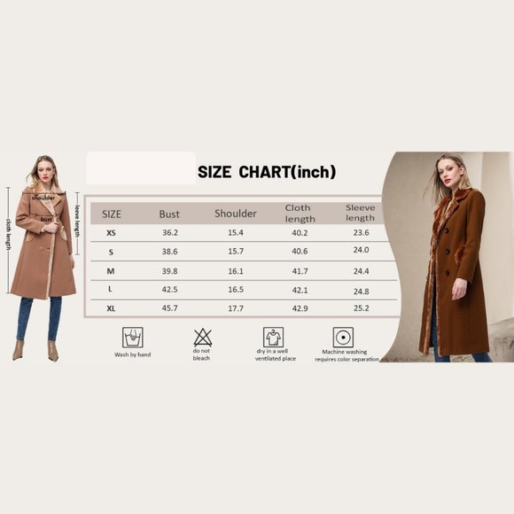 Women's Double-breasted Notched Lapel Midi Wool Blend Pea Coat Jackets - Picture 7 of 7